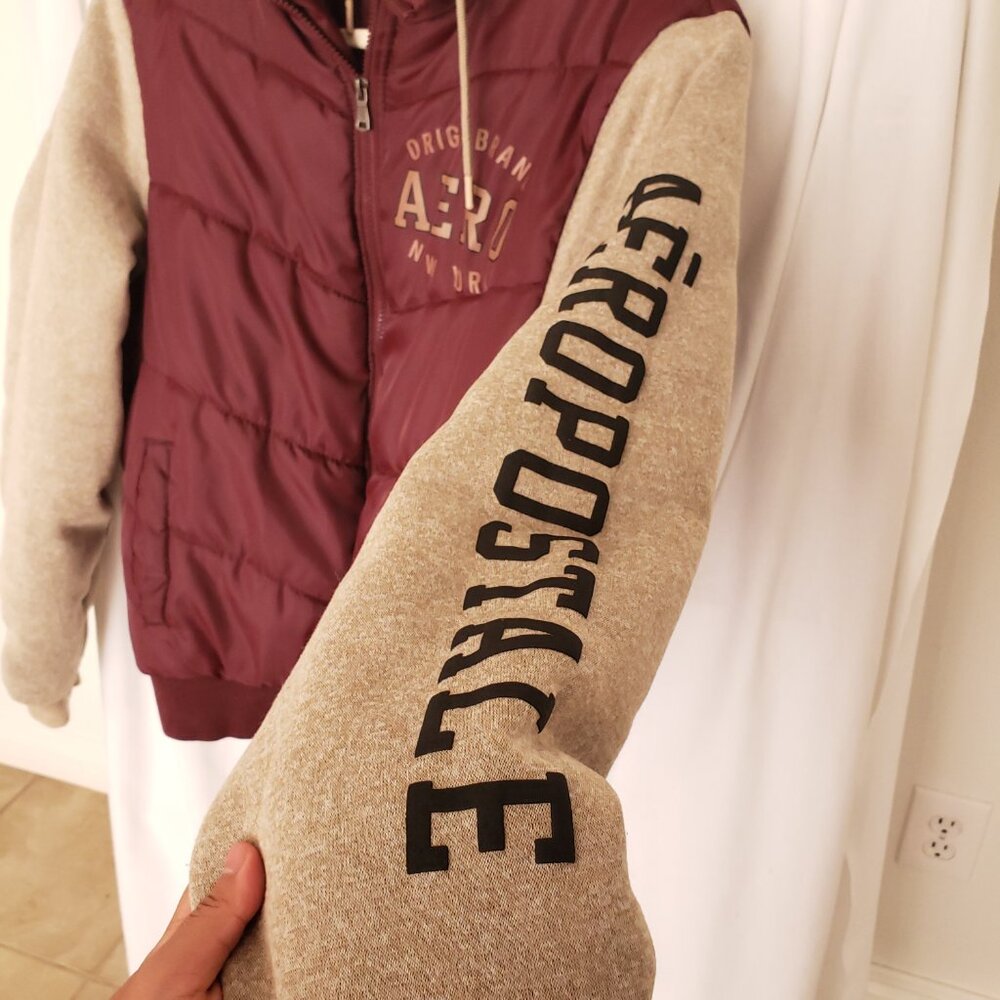 Aeropostale Beige Maroon Hoodie Varsity Bomber Quilted Zipper Jacket Size Large - Picture 10 of 16